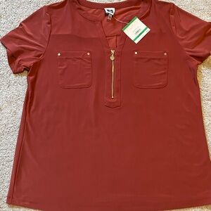 Anne Klein Short Sleeve Half Zipper Top Amber L NWT